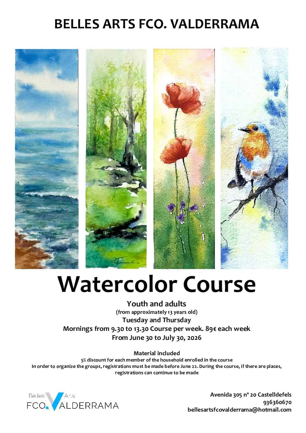 Watercolor Course poster, Castelldefels summer 2026
